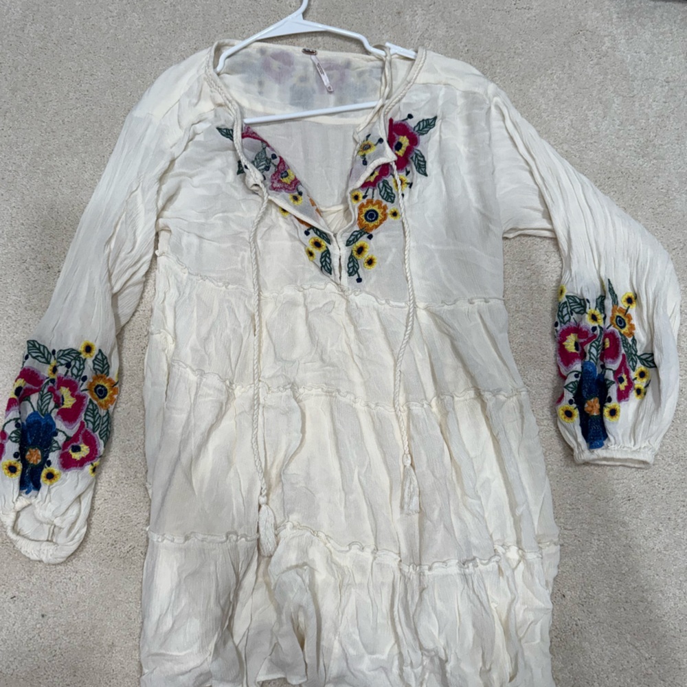 Free People Cream Mini Dress with Floral Embroidery
